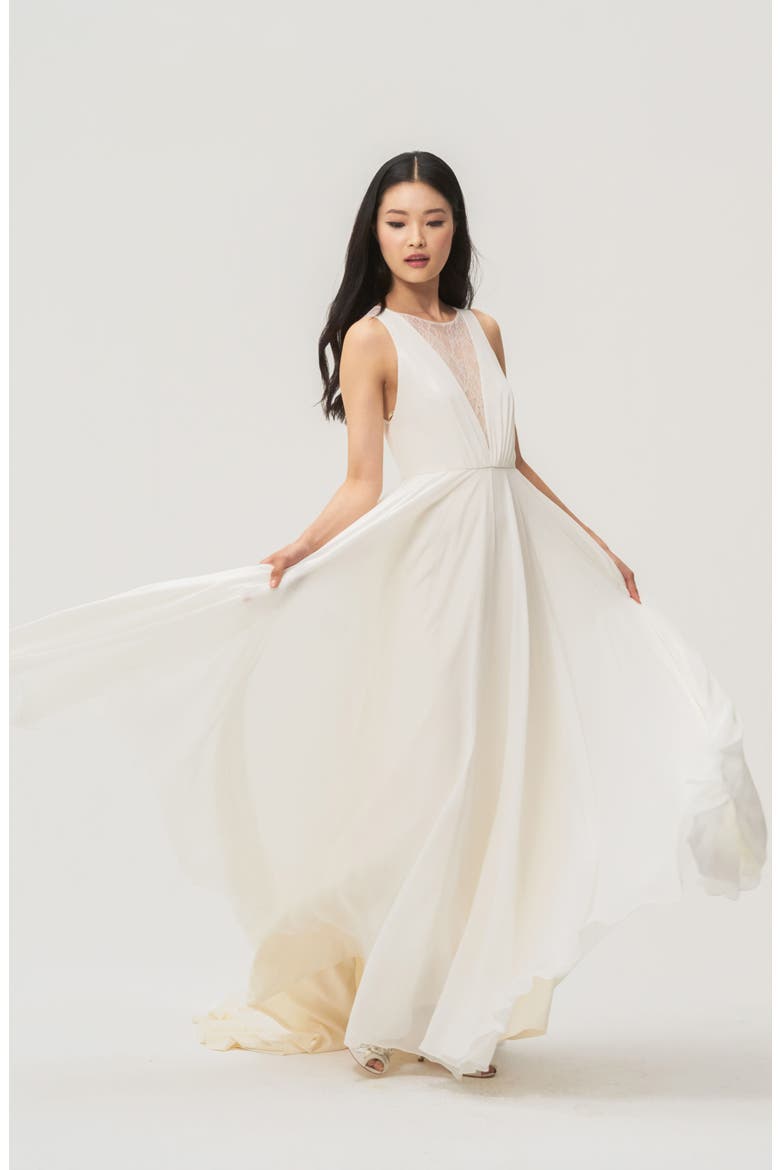 Fallon Lace & Chiffon A-Line Gown, Alternate, color, IVORY