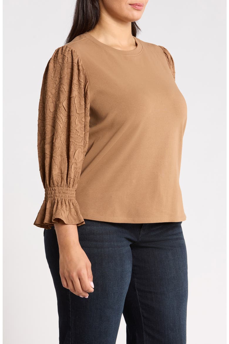 Mixed Media Smocked Sleeve Top(Plus), Alternate, color, BUTTER TOFFEE