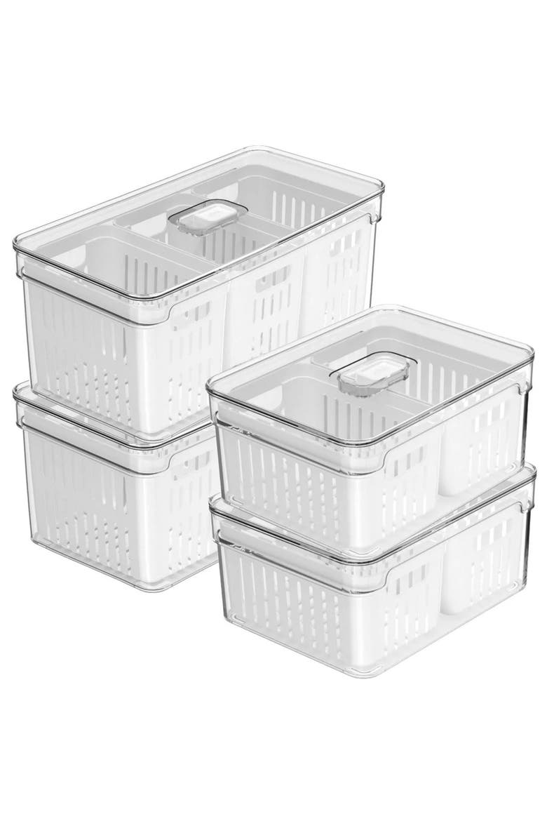 Clear Stackable Fridge Organizer Bin with Drain Basket and Vented Lid, 4 Pack, Main, color, Clear with White Drainer