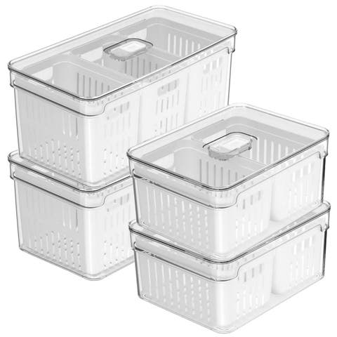 Clear Stackable Fridge Organizer Bin with Drain Basket and Vented Lid, 4 Pack