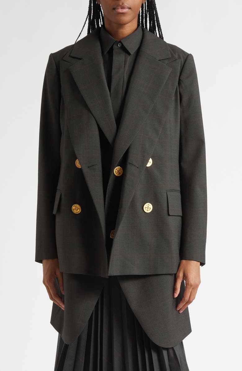 Sacai Glen Check Layered Effect Jacket, Main, color, Khaki