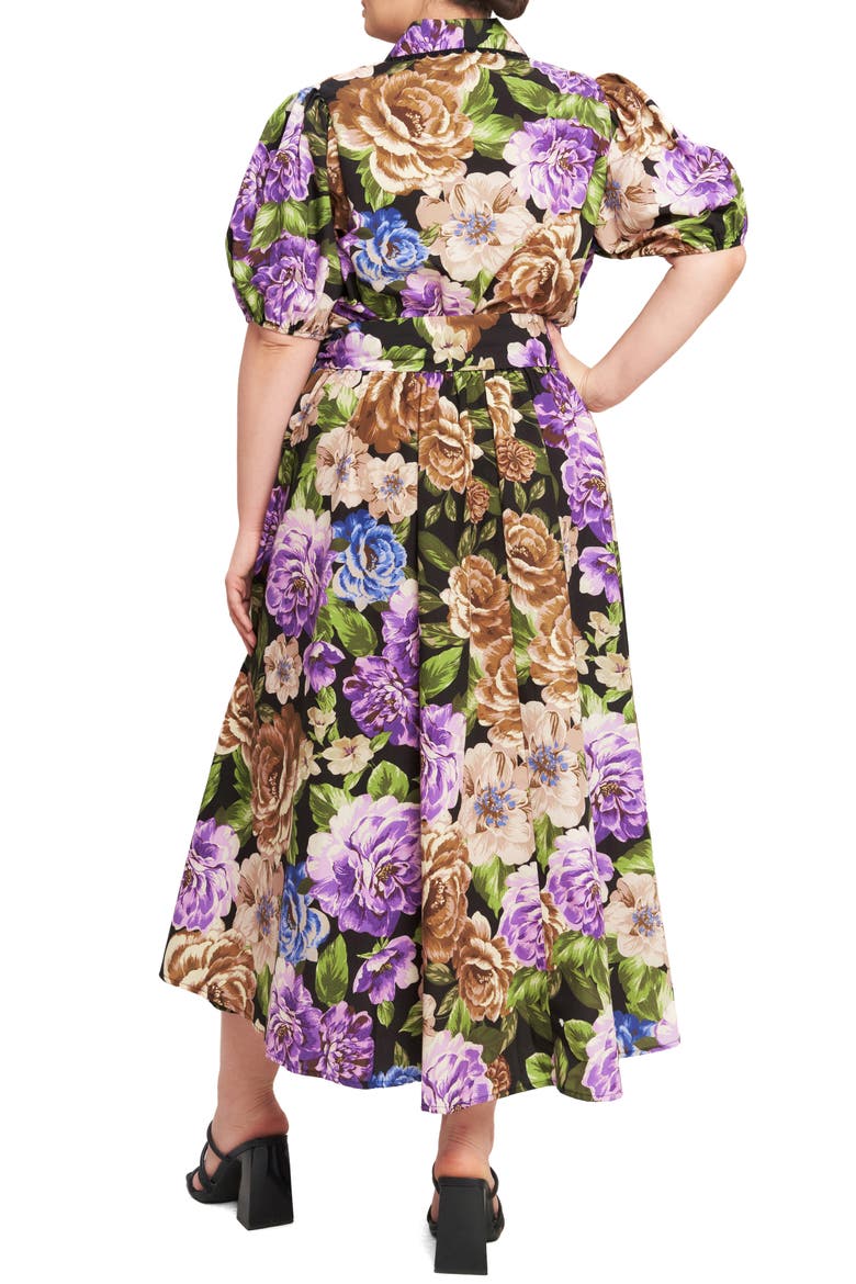Floral Puff Sleeve Midi Shirtdress, Alternate, color, BLACK