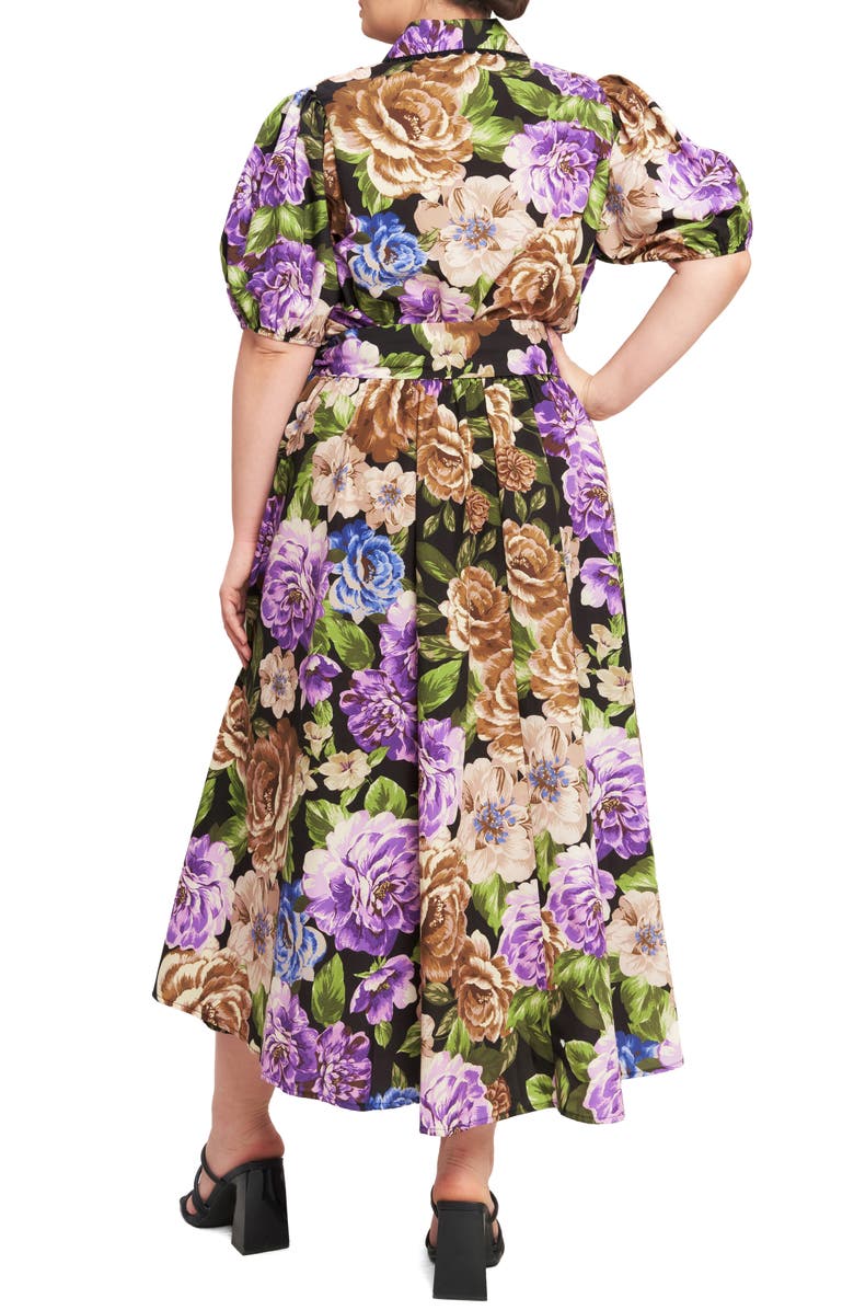 FLYING TOMATO Floral Puff Sleeve Midi Shirtdress, Alternate, color, Black