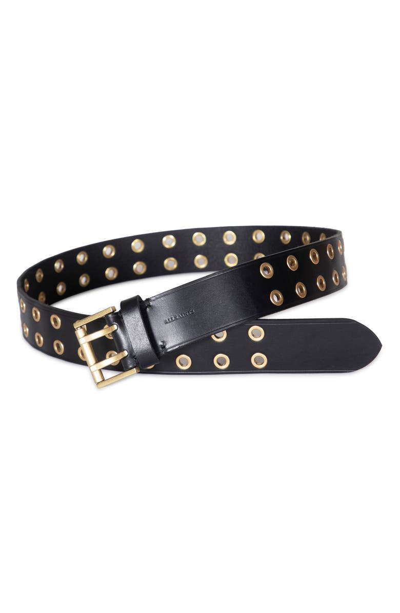 AllSaints Leather Eyelet Belt, Main, color, Black Antique Brass