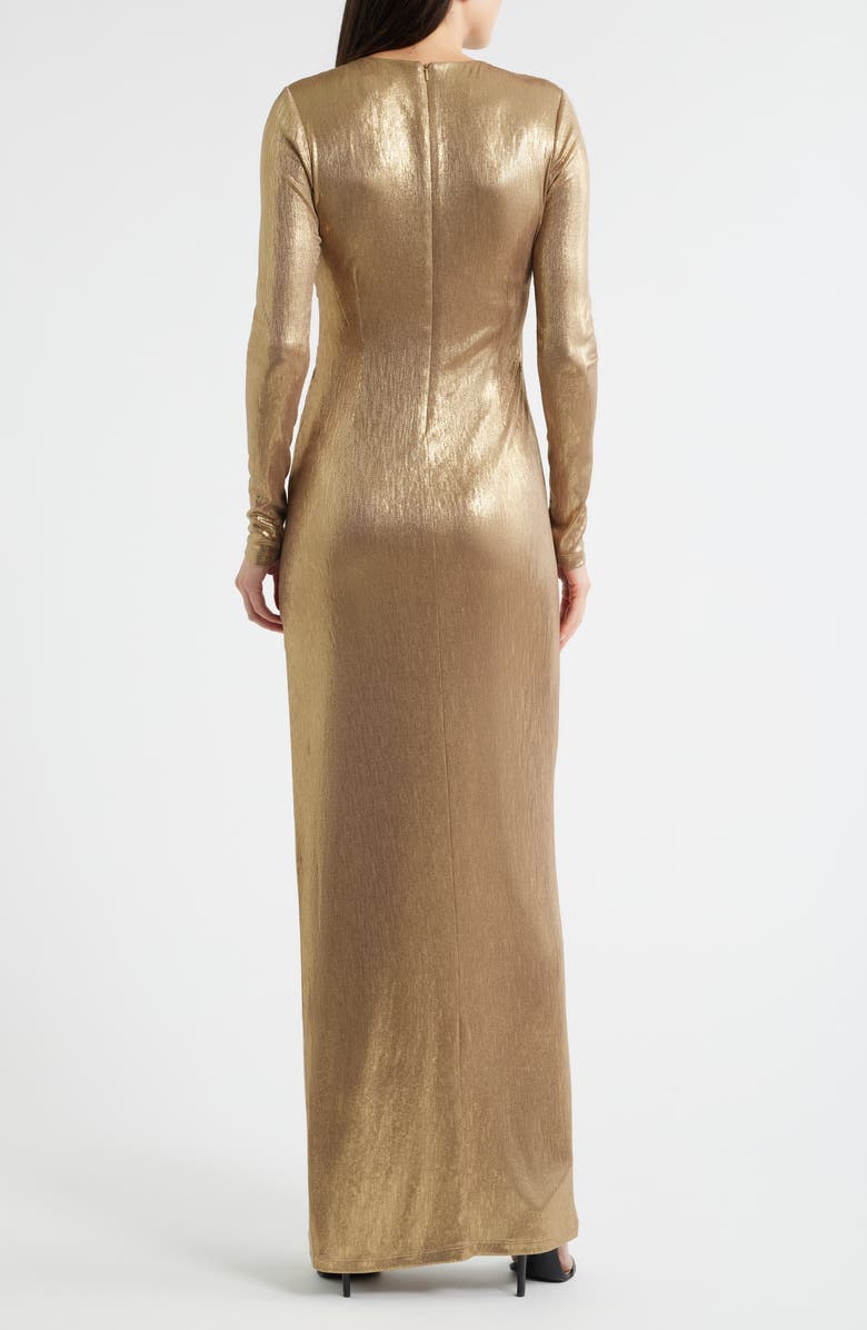 Black Halo Marika Metallic Draped Long Sleeve Gown, Alternate, color, Liquid Gold