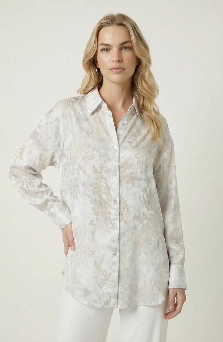 Modenaire Floral Jacquard Button Up Shirt, Main, color, Ivory Floral