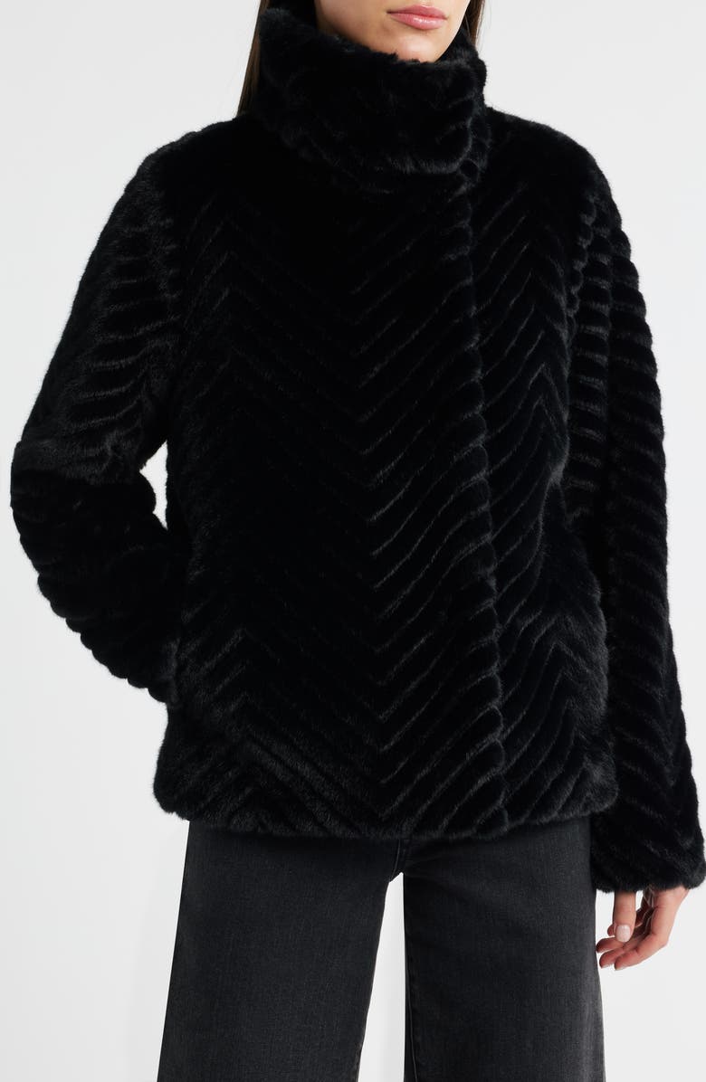 Bernardo Chevron Quilted Faux Fur Jacket, Alternate, color, Black