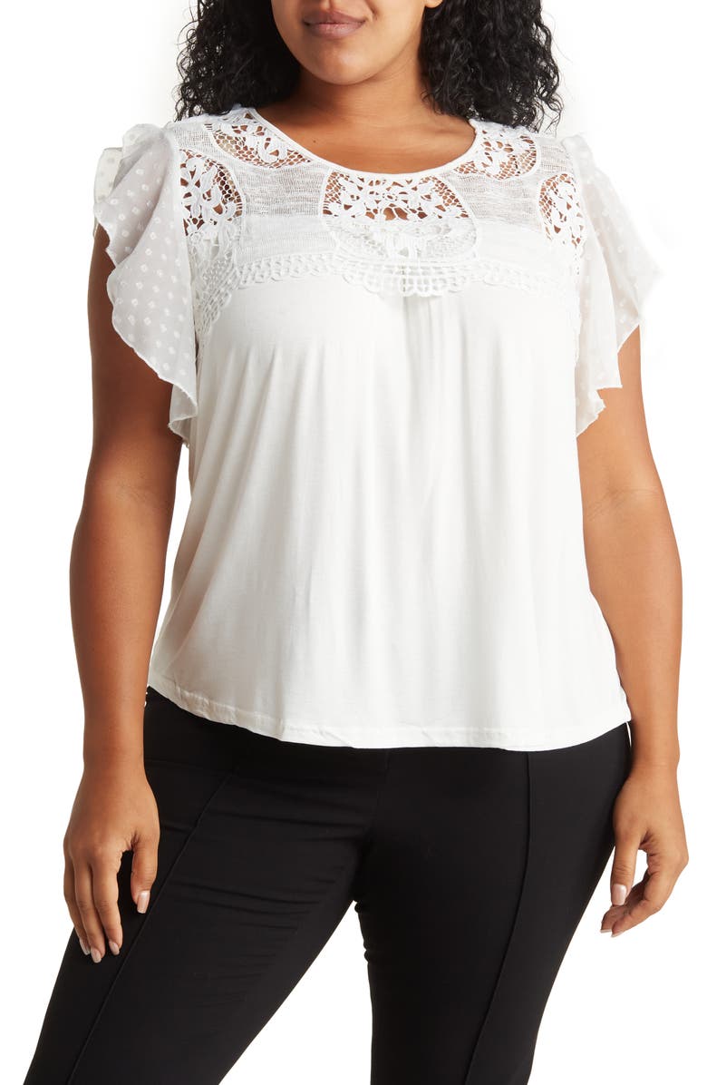 Forgotten Grace Mixed Media Flutter Sleeve Blouse, Main, color, White