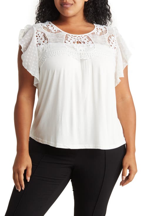 Mixed Media Flutter Sleeve Blouse (Plus Size)