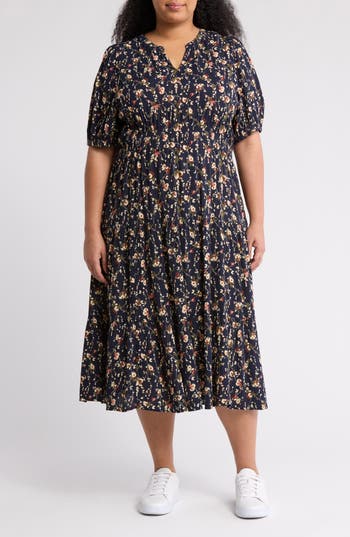 Melrose And Market Crinkle Midi Dress In Navy- Rust Drooping Floral
