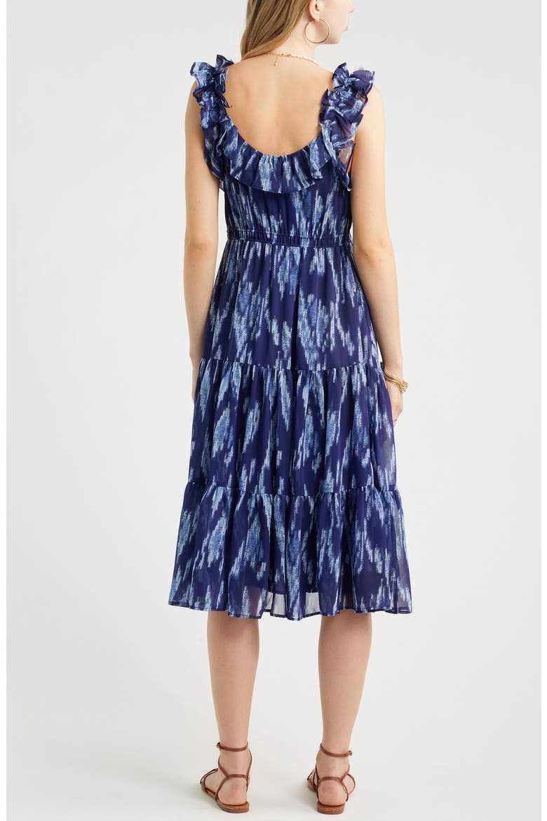 Print Ruffle Trim Tiered Midi Dress, Alternate, color, NAVY STILL PIPER IKAT
