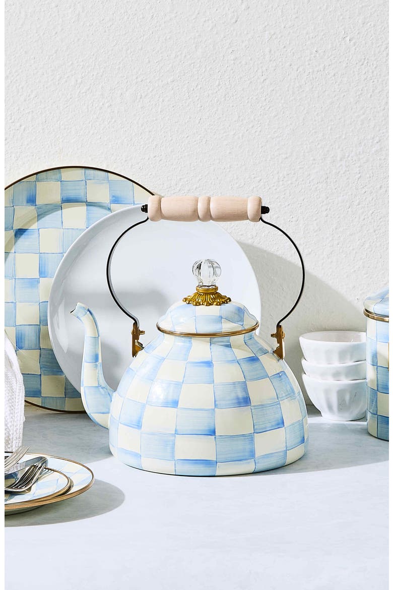 Sky Check Enameled Steel 3-Quart Tea Kettle, Alternate, color, SKY CHECK