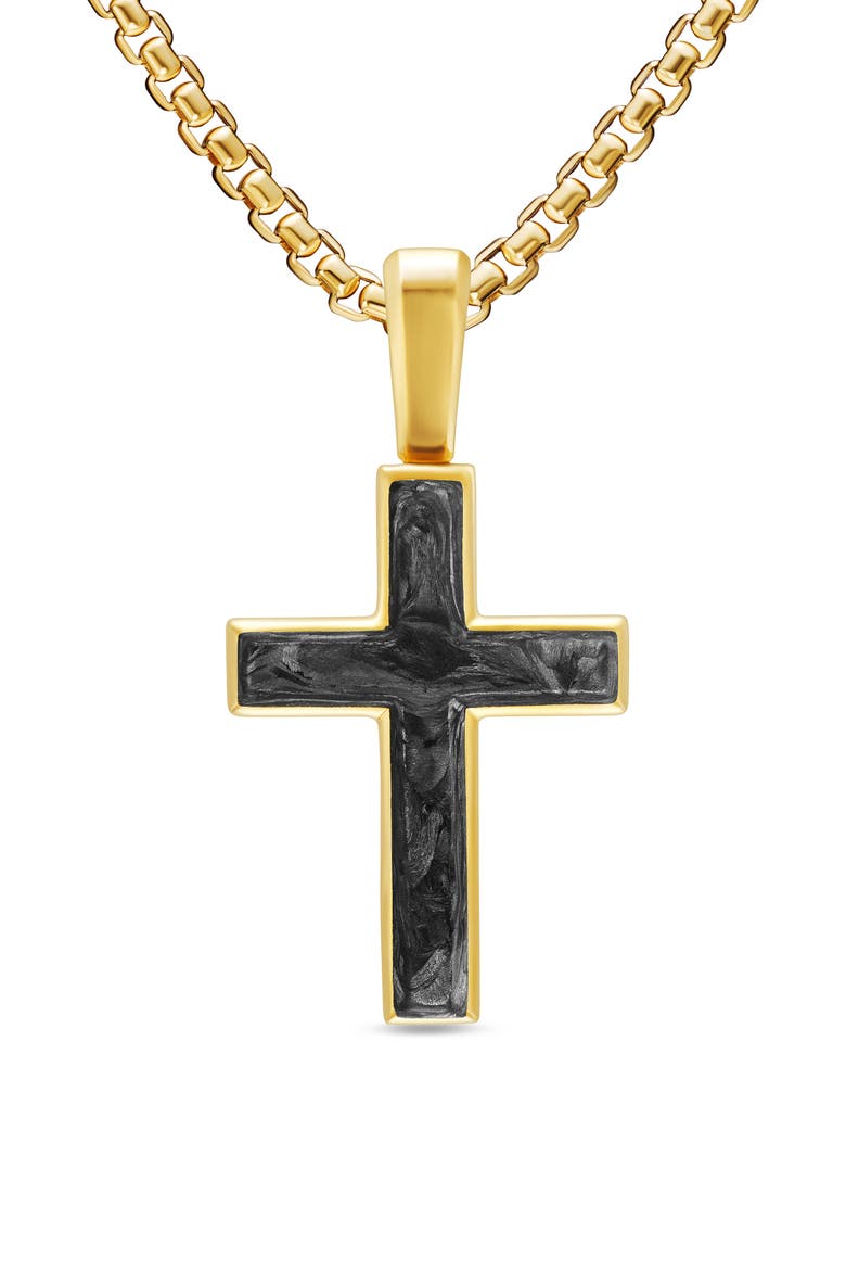 Cross Amulet in 18K Yellow Gold with Forged Carbon, 24mm, Main, color, GOLD