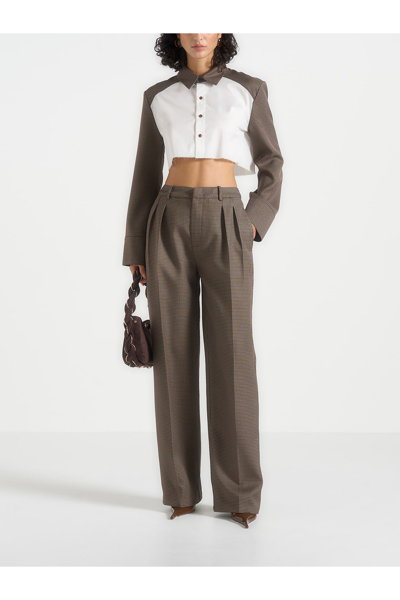 Bernadette Houndstooth Contrast Cropped Shirt, Alternate, color, Brown