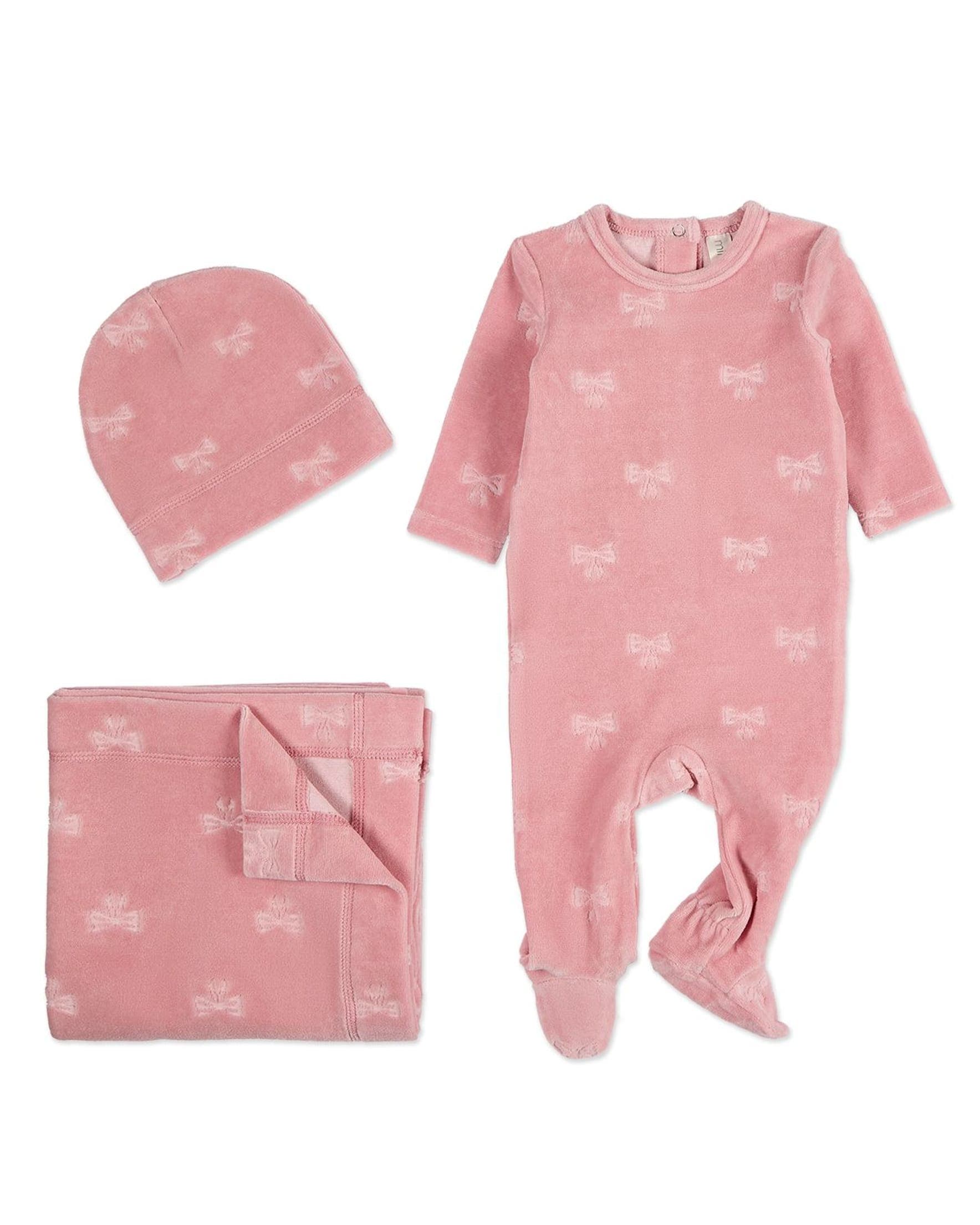 Minimoi 3 Piece Baby Girls "velvet Bow" Cotton Rich Velour Footie Set In Pink
