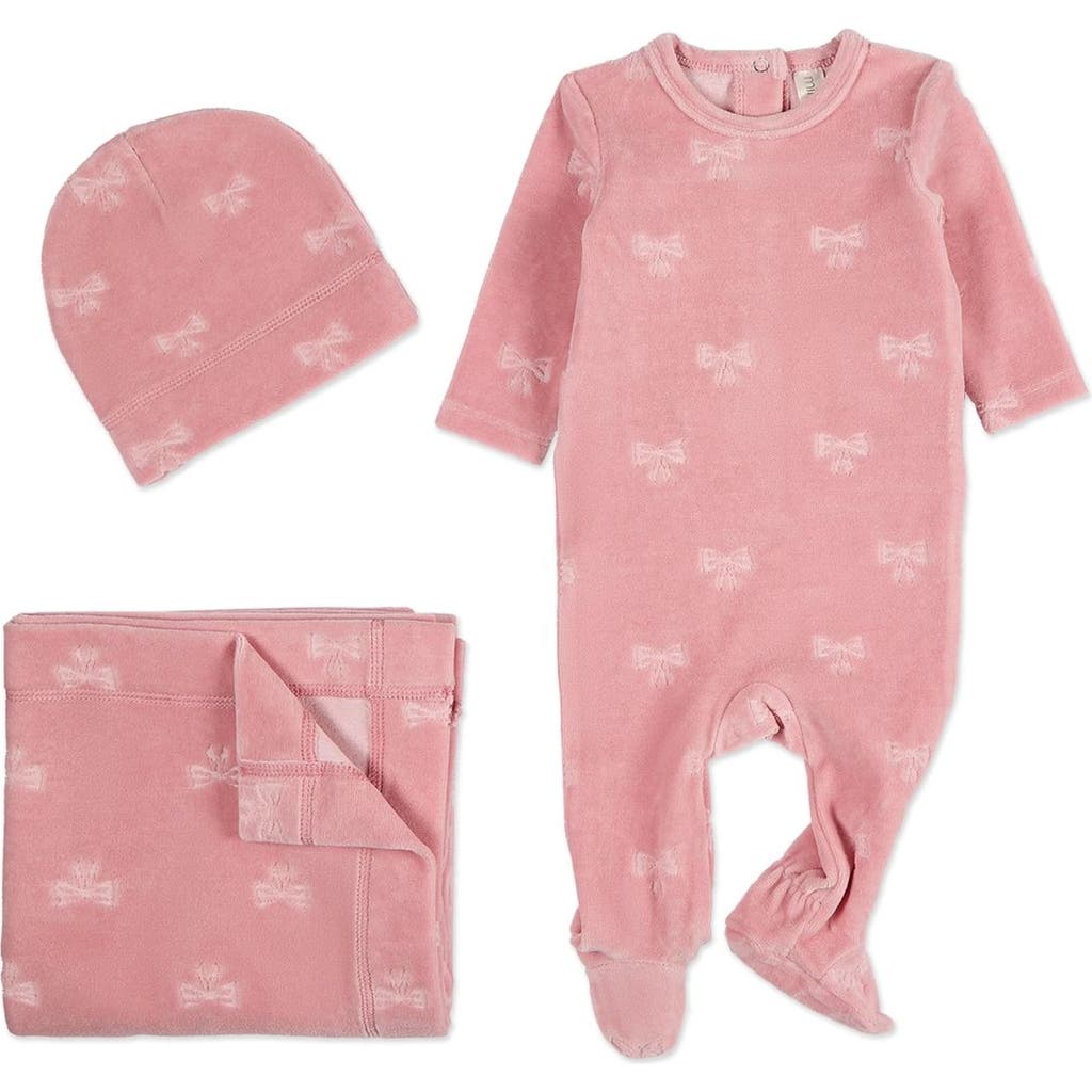 Minimoi 3 Piece Baby Girls "velvet Bow" Cotton Rich Velour Footie Set In Pink
