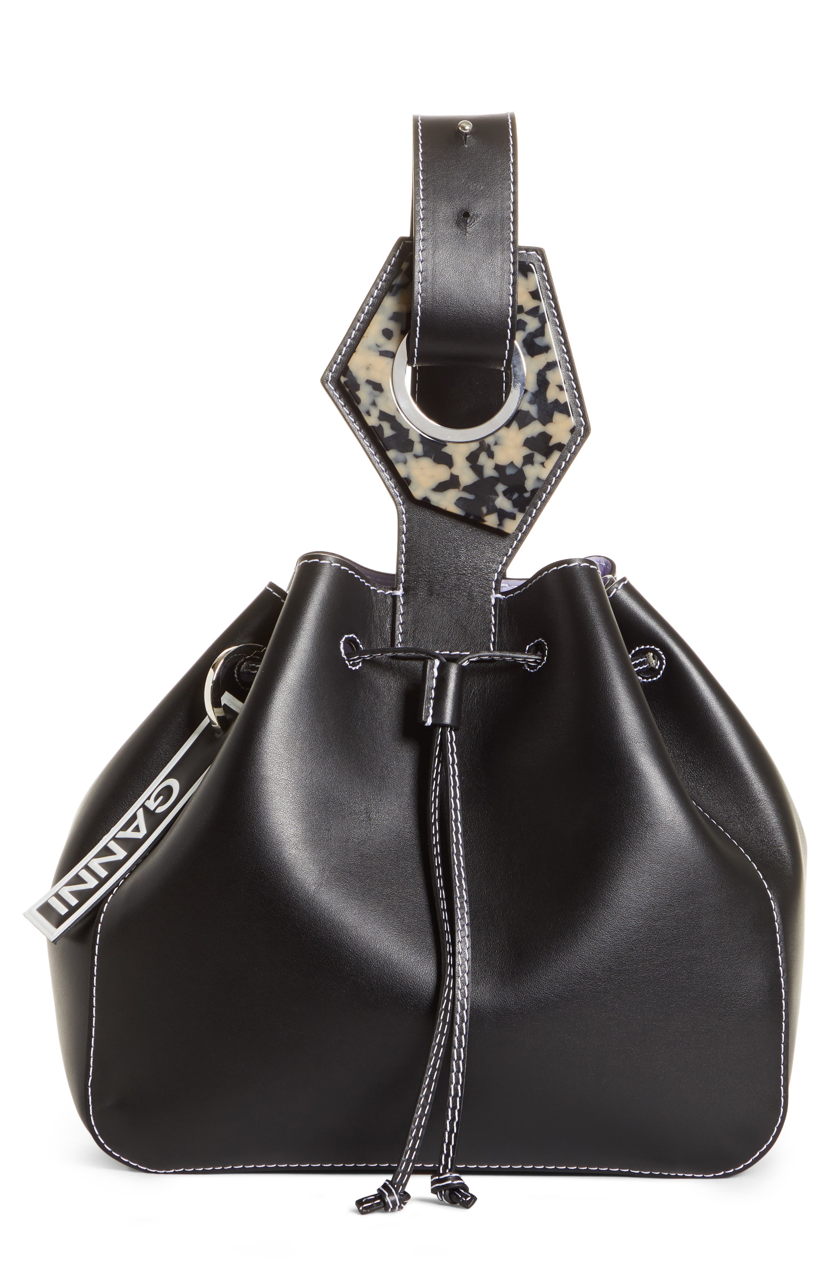 Ganni Large Drawstring Leather Bag, Main, color, 