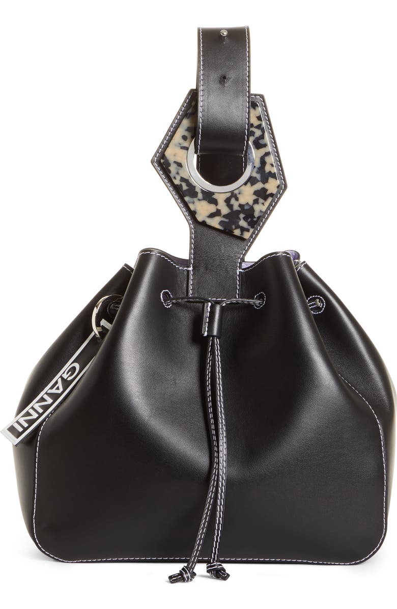 Ganni Large Drawstring Leather Bag, Main, color,