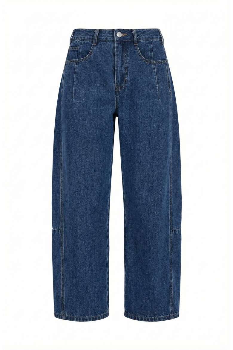 Barrel Leg Denim Pants with Contrast Seams, High Waist and Pockets, Alternate, color, Dark Blue