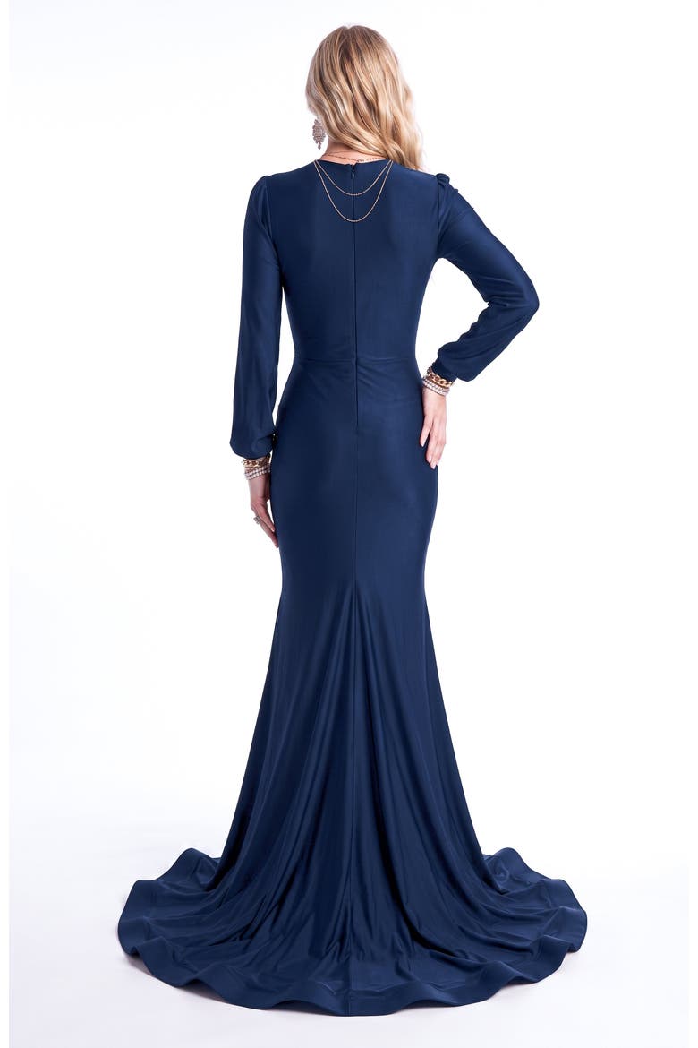 Plunging V-Neck Long Sleeve Ruffle Mermaid Evening Gown, Alternate, color, Navy