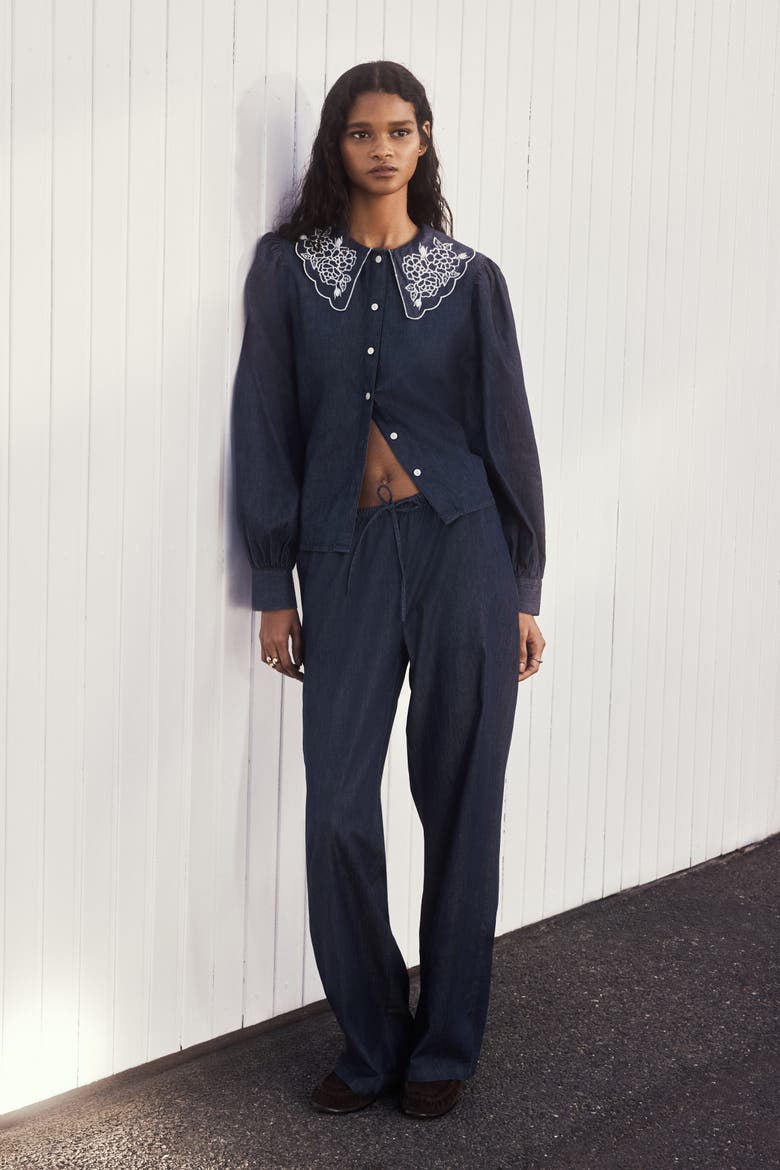 Embroidered-collar Denim Blouse, Alternate, color, Dark denim blue