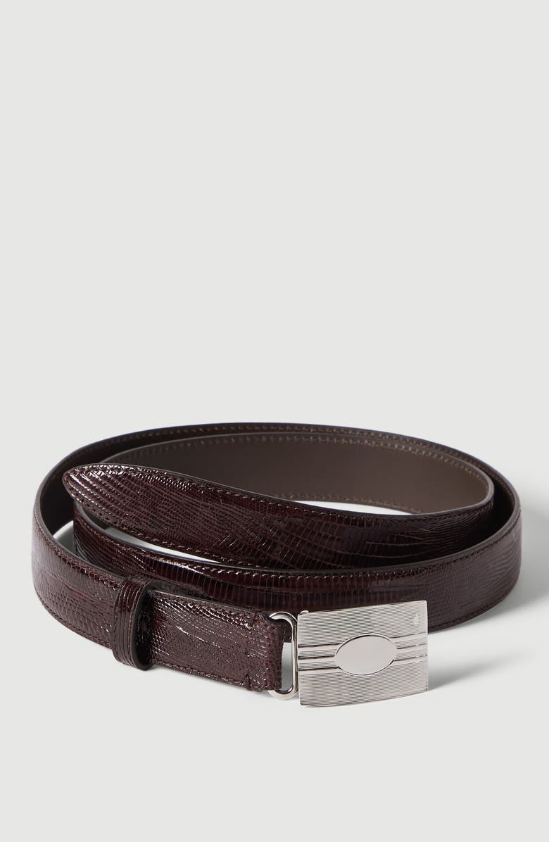 Brunello Cucinelli Lizard belt with silver-plated bronze buckle, Alternate, color, Burgundy