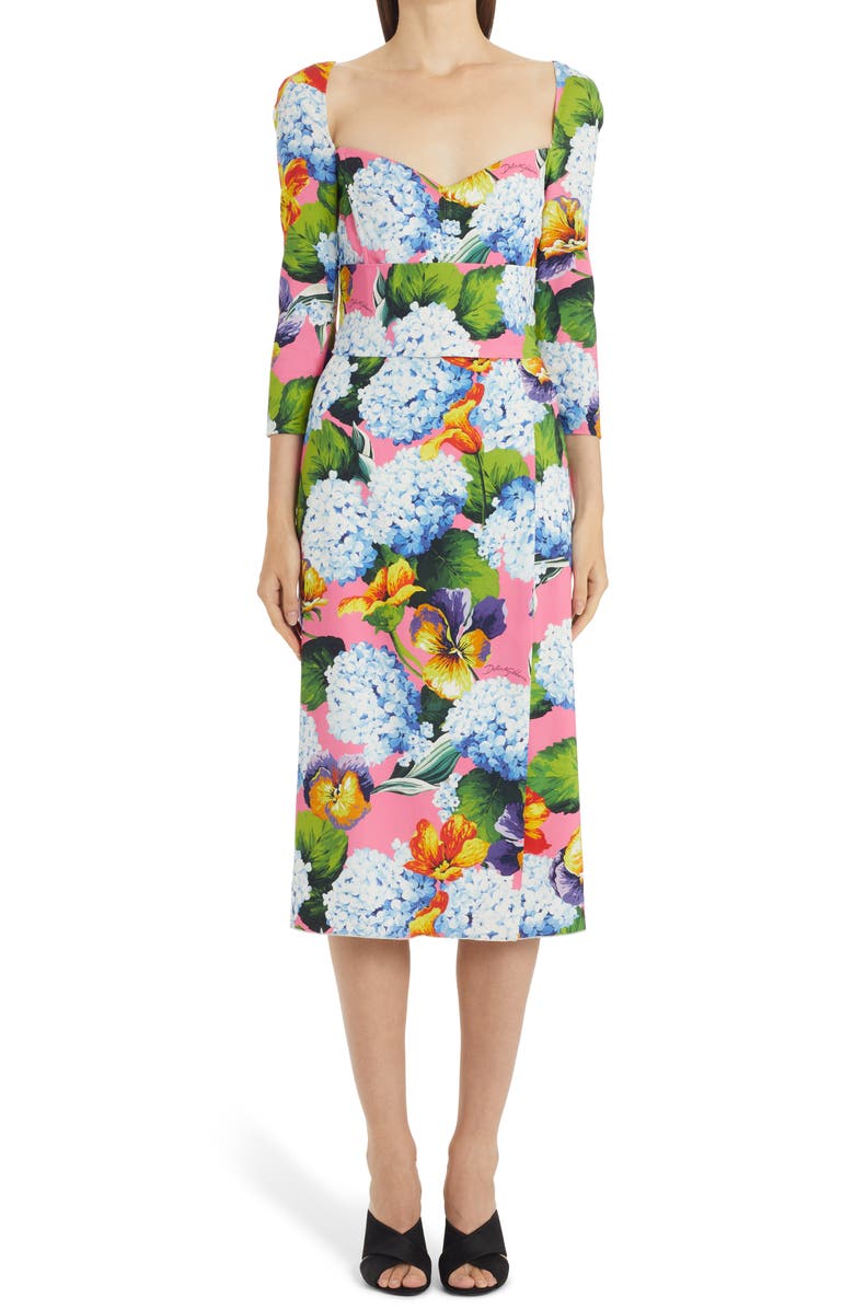 Dolce&Gabbana Hydrangea Print Long Sleeve Cady Midi Dress, Main, color, 