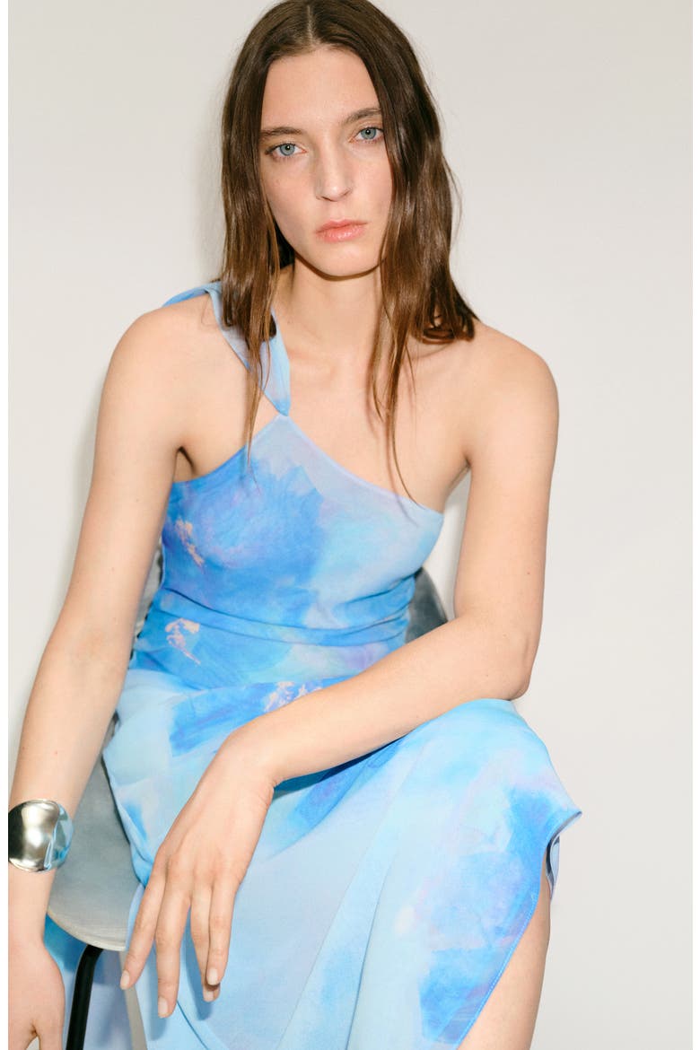 Floral Print Asymmetric Scarf Dress, Alternate, color, BLUE