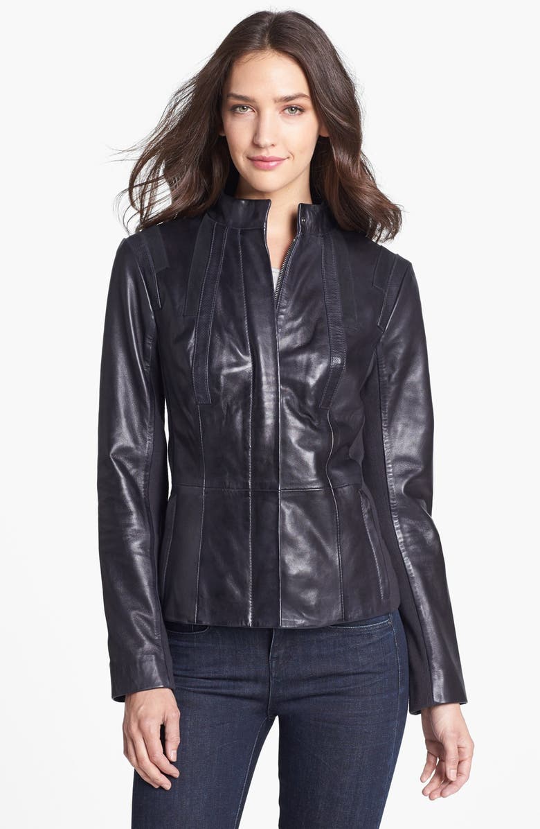 Elie Tahari 'Marta' Leather Scuba Jacket, Main, color, 