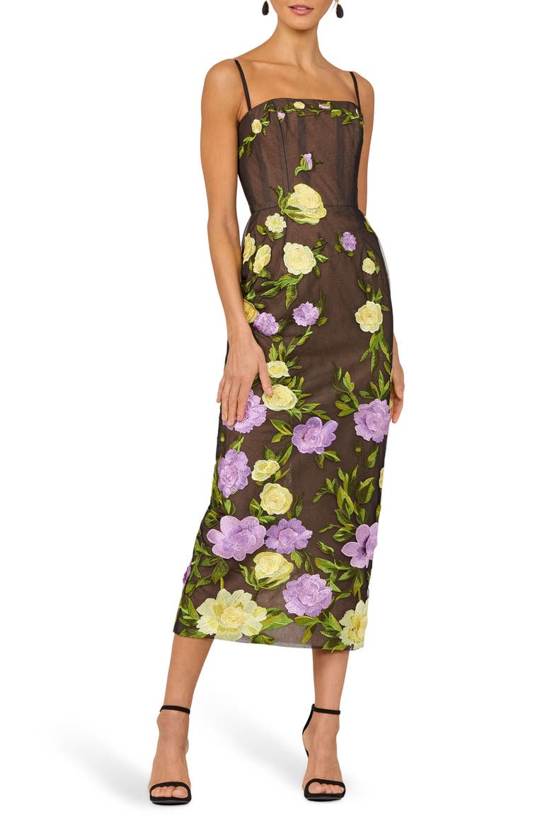 Gemma Floral Embroidered Midi Cocktail Dress, Main, color, BLACK/ PALE YELLOW