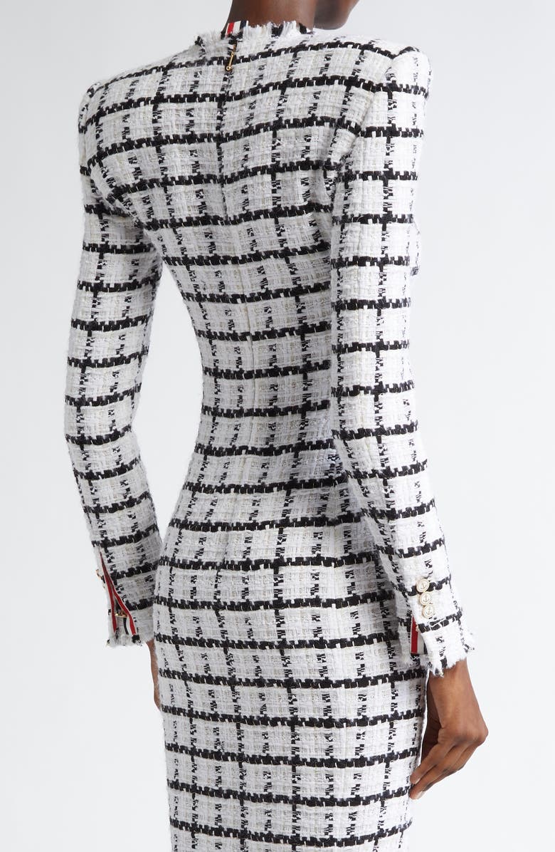 Thom Browne Windowpane Check Tweed Long Sleeve Sheath Dress, Alternate, color, White