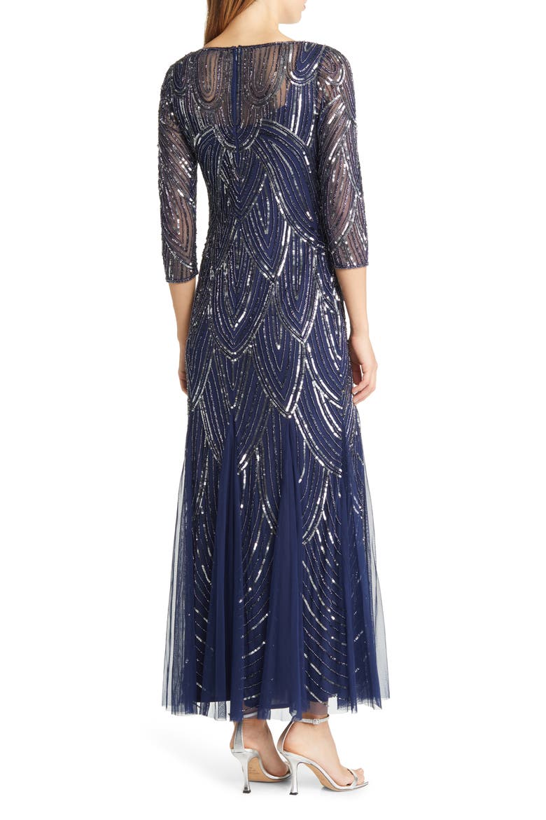 Beaded Illusion Neck Gown, Alternate, color, NAVY