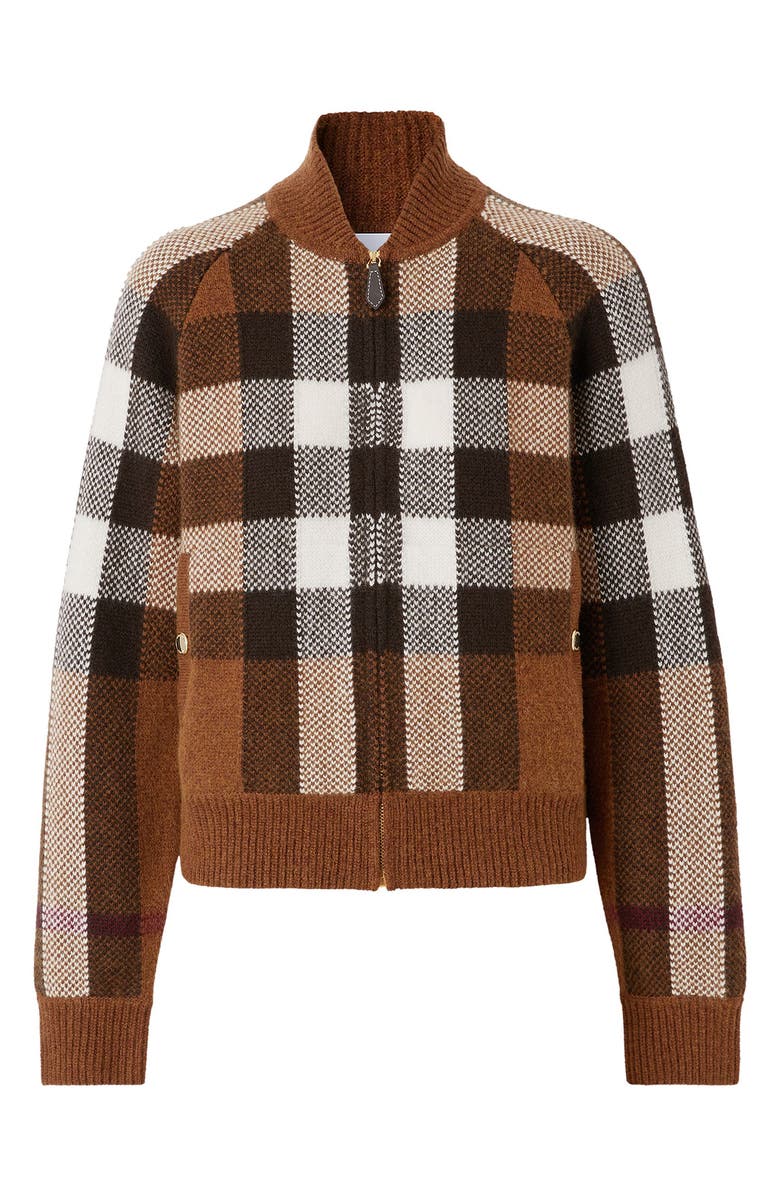 Burberry Demmi Check Jacquard Wool & Cashmere Sweater Bomber Jacket, Alternate, color, 