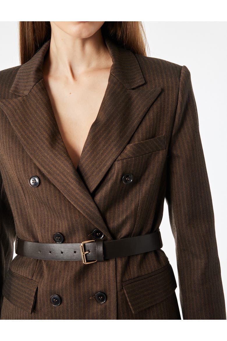 Long Sleeve Double-Breasted Belted Striped Blazer, Alternate, color, BROWN STRIPE
