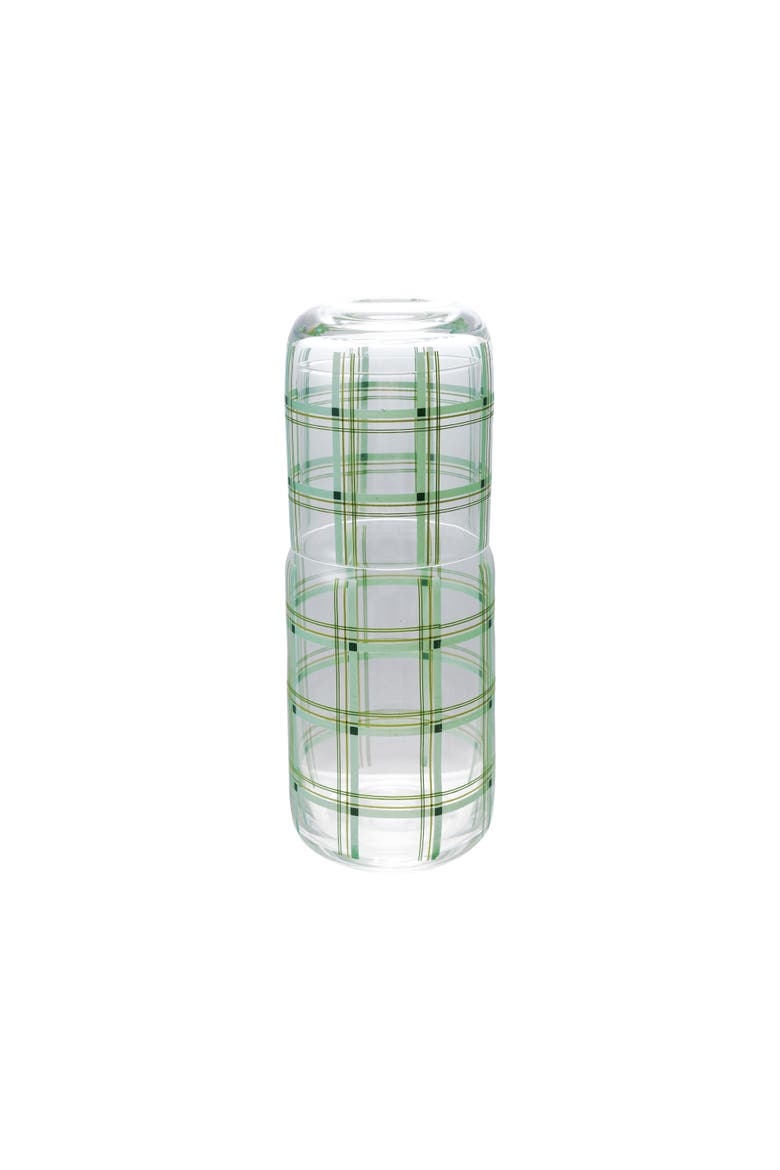 Glass Carafe with Drinking Glass and Grid Pattern, Green, Alternate, color, Green