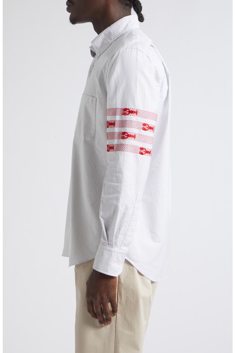 Lobster Embroidery Detail Stripe Cotton Button-Down Shirt, Alternate, color, MEDIUM GREY