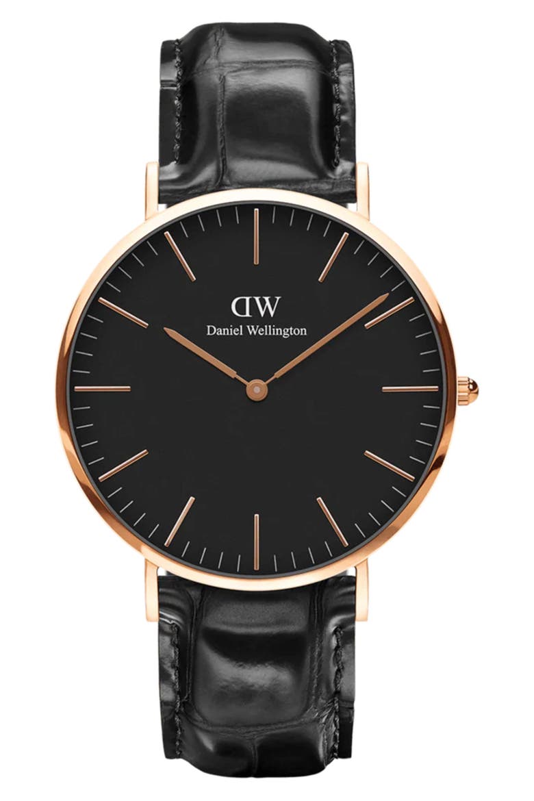 Classic Reading Croc Embossed Leather Strap Watch, 40mm, Main, color, ROSE GOLD
