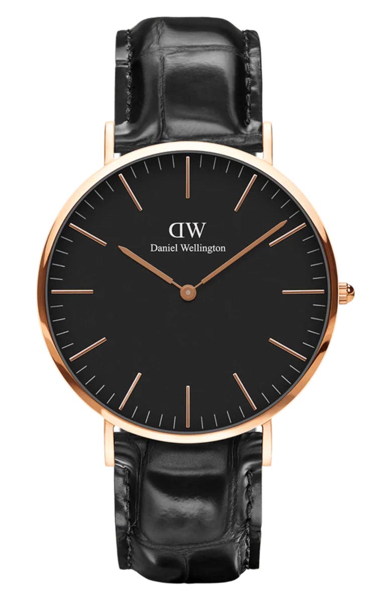 Daniel Wellington Classic Reading Croc Embossed Leather Strap Watch, 40mm, Main, color, Rose Gold