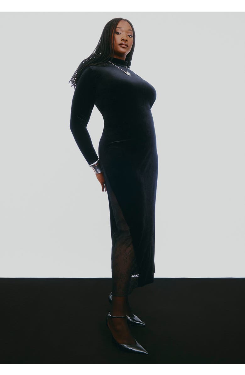 ELOQUII Velvet And Lace Maxi Dress, Main, color, Black Onyx