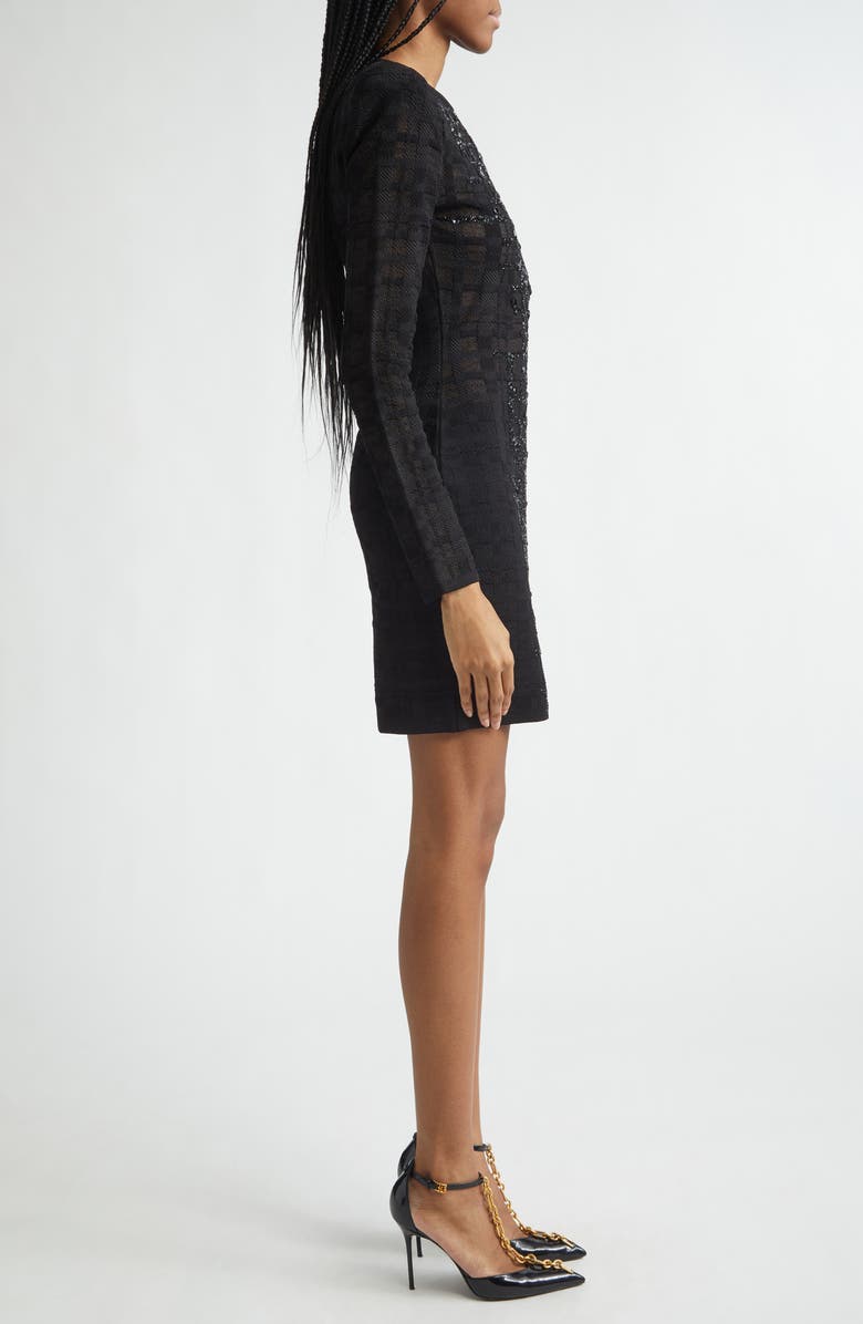 Balmain Tartan Tattoo Embellished Long Sleeve Minidress, Alternate, color, 0Pa Black