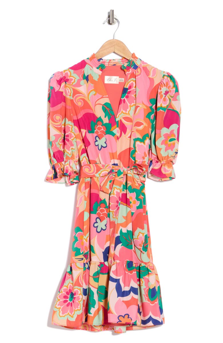 Eliza J Floral Puff Sleeve Fit & Flare Dress, Main, color, Pink Multi