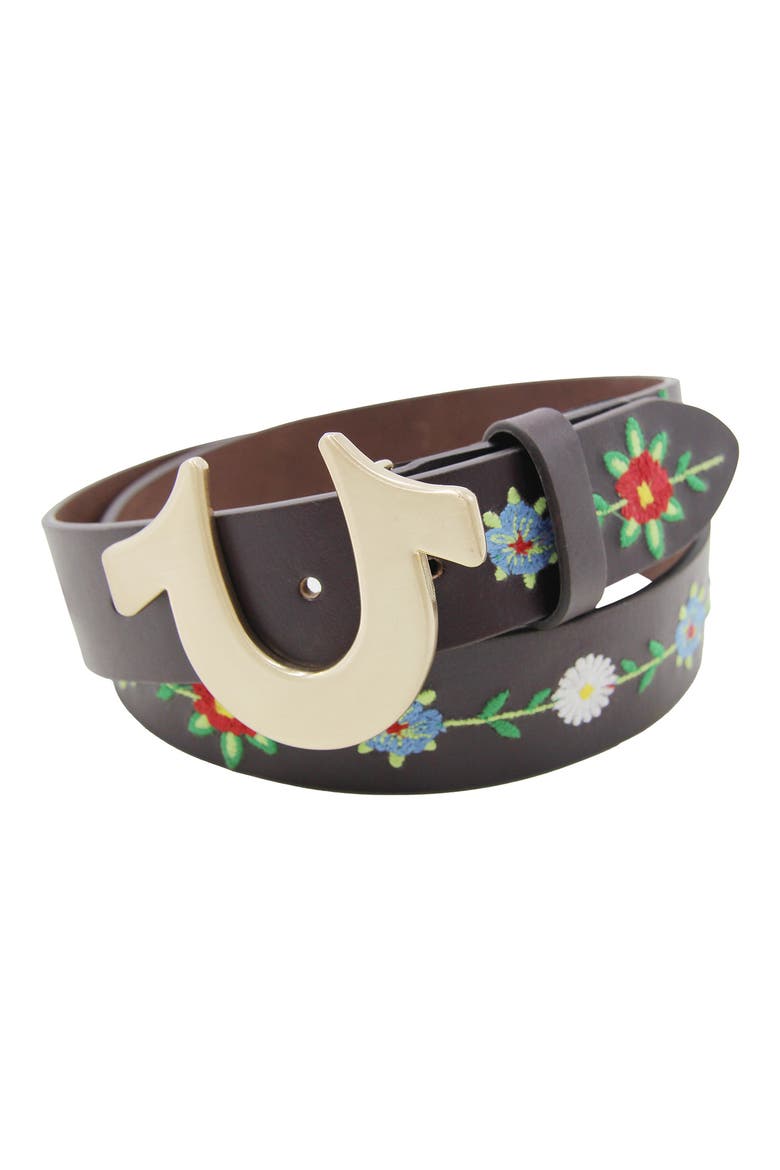 Horseshoe Buckle Gardenia Leather Belt, Main, color, BROWN