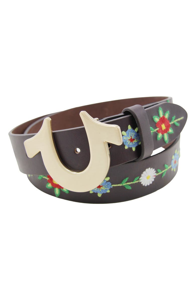 True Religion Horseshoe Buckle Gardenia Leather Belt, Main, color, Brown