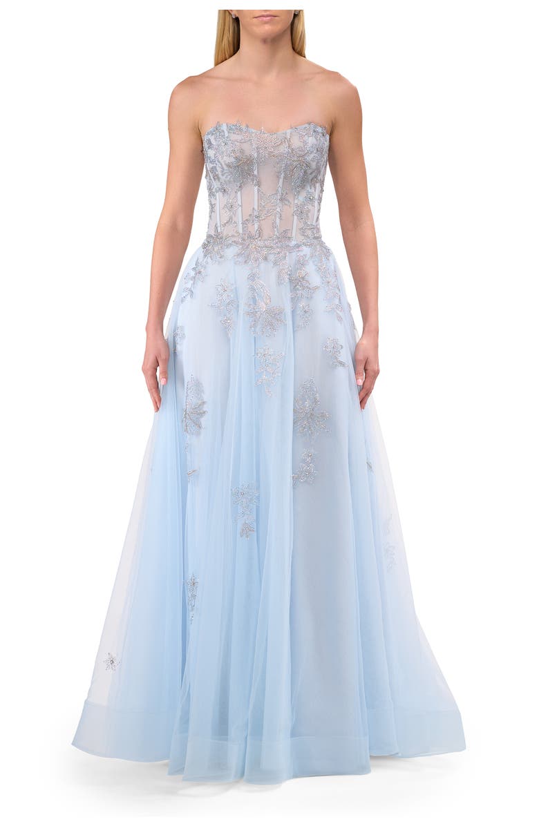 La Femme Tulle A-line Prom Dress with Gorgeous Rhinestone Lace Applique, Main, color, Light Blue