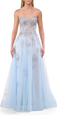 La Femme Tulle A-line Prom Dress with Gorgeous Rhinestone Lace Applique
