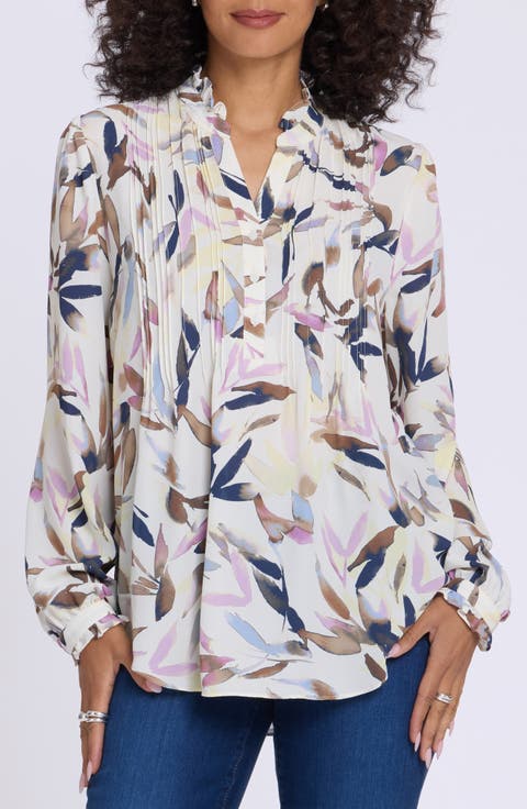 Pleated Yoke Long Sleeve Peasant Blouse