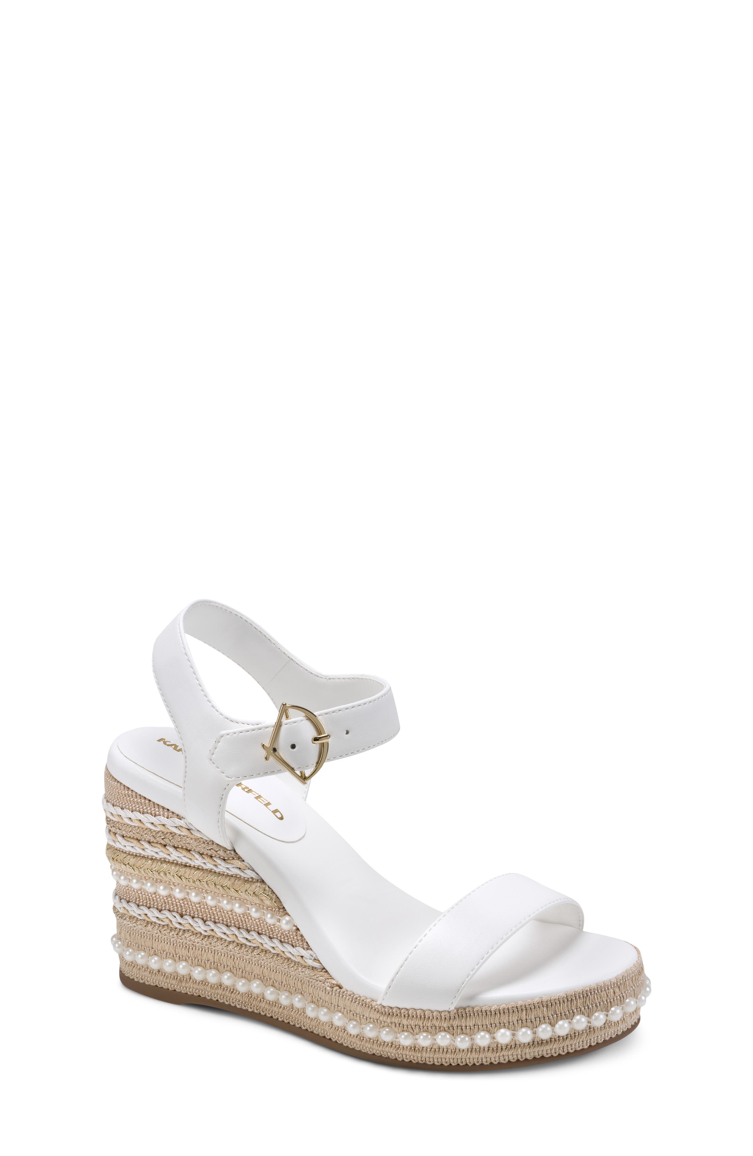 KARL LAGERFELD PARIS Calzona Embellished Espadrille Wedge Sandal, Main, color, Bright White
