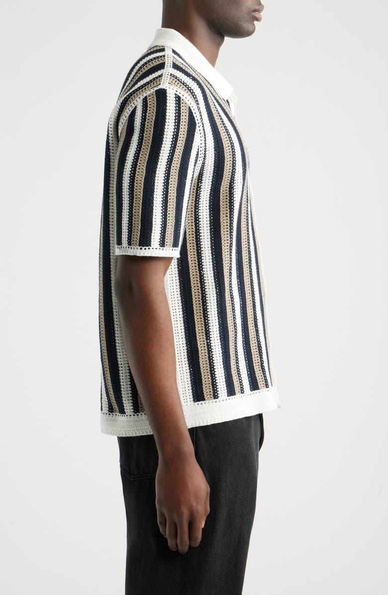 Wax London Porto Stripe Crochet Knit Polo, Alternate, color, Ecru / Black