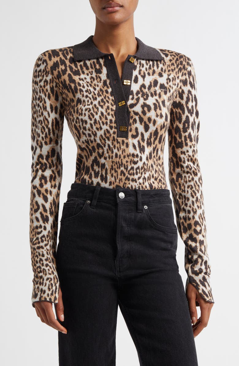 Ganni Leopard Stretch Organic Cotton Polo, Main, color, 