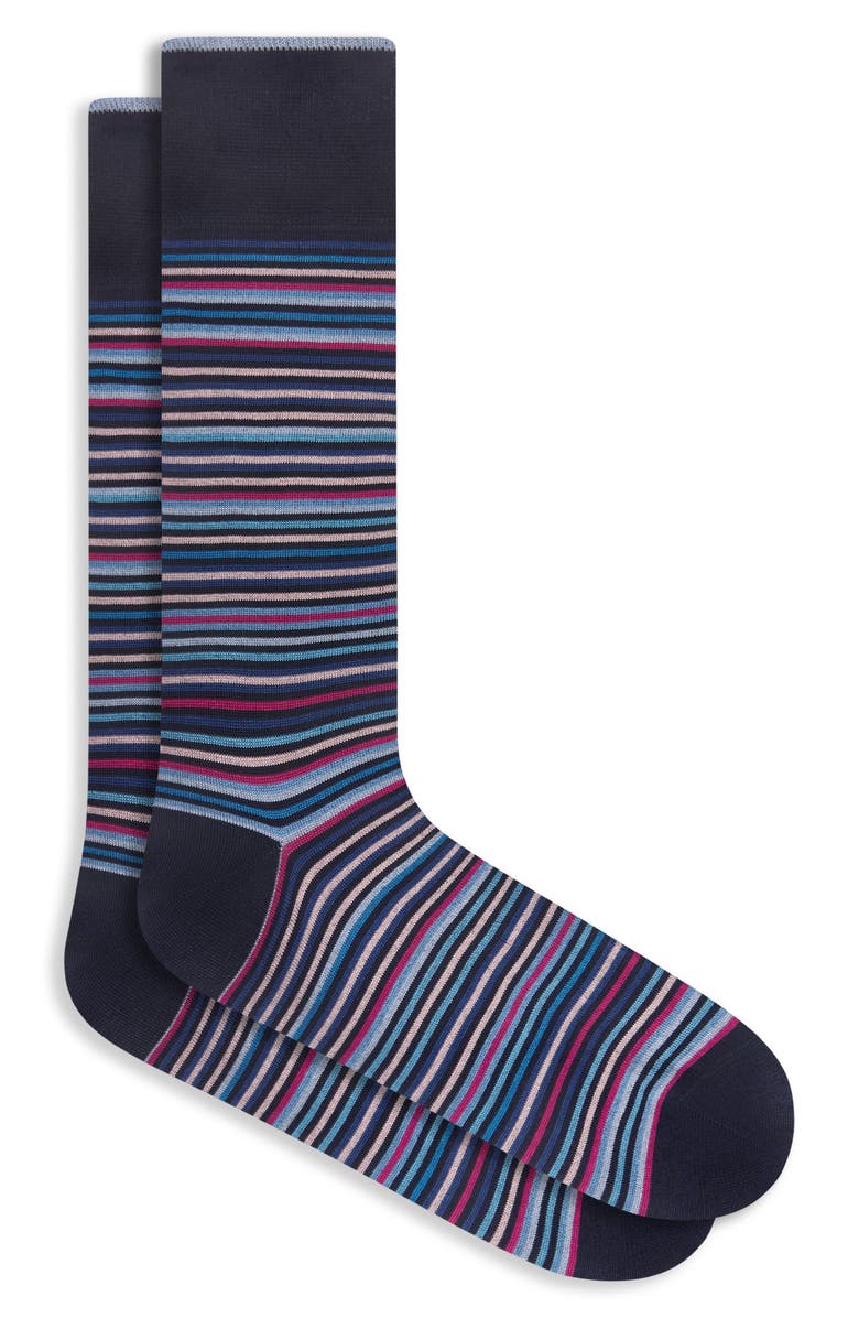Bugatchi Stripe Mercerized Cotton Blend Dress Socks, Main, color, Navy